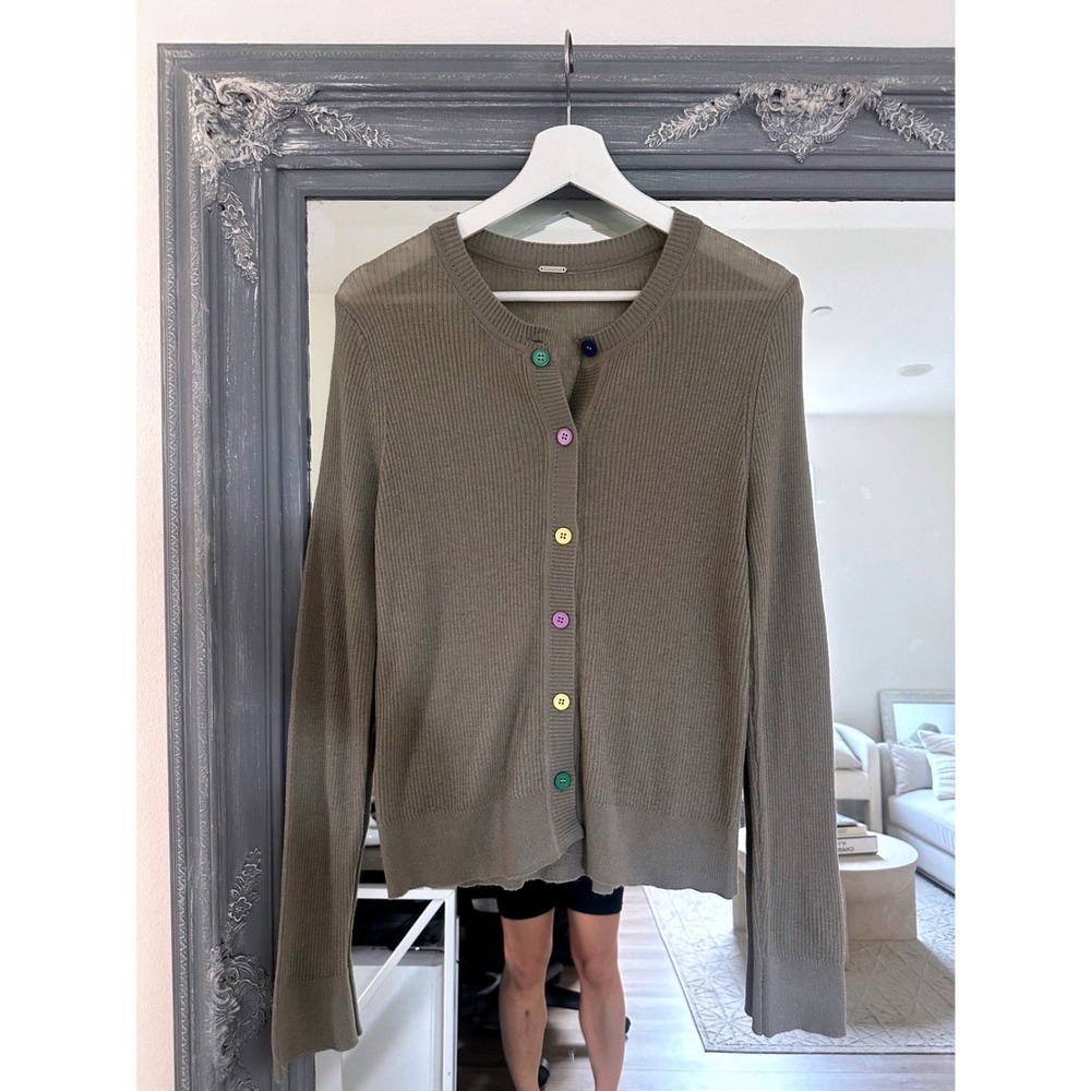 Sunshine Ribbed Knit Cardigan Taupe Brown Multi Color Button Cottagecore Sweater